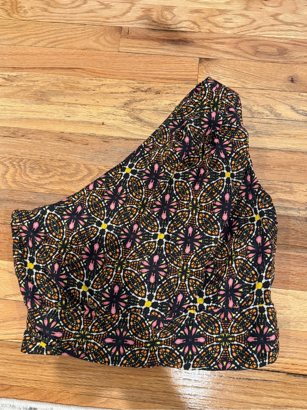 Anthropologie Black Floral One-Shoulder Crop Top with Pink & Yellow Accents